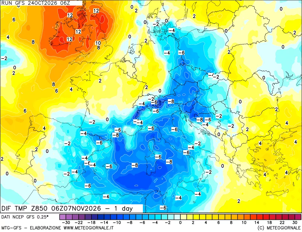 mappa Dif. Temp a 850 hPa Valid - 1 day