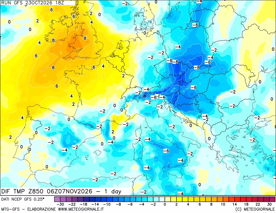 mappa Dif. Temp a 850 hPa Valid - 1 day