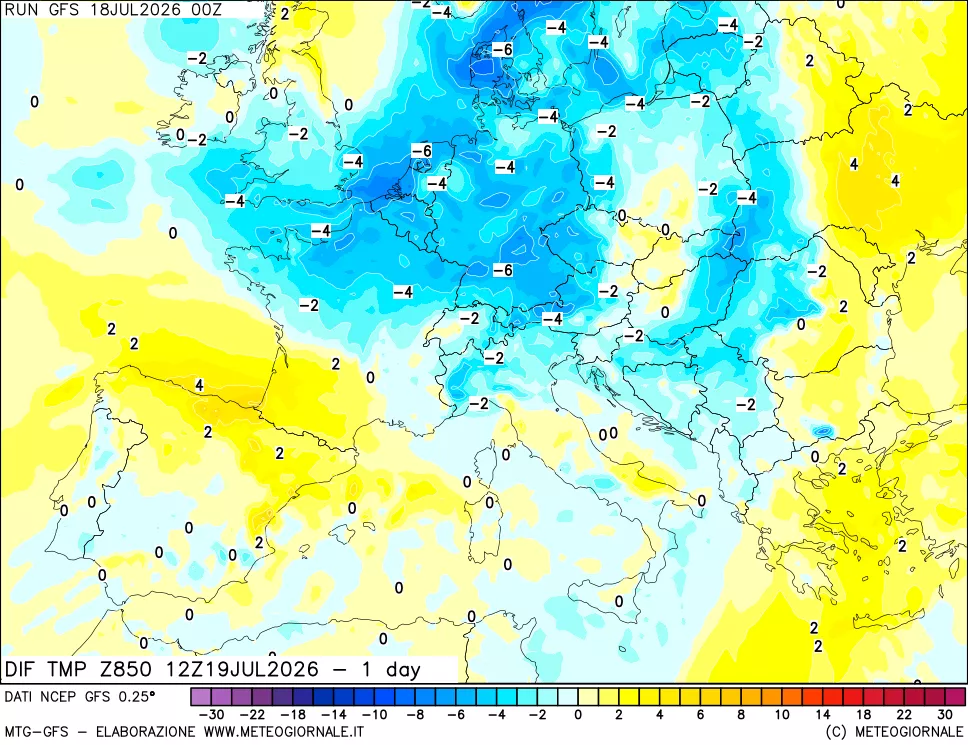 mappa Dif. Temp a 850 hPa Valid - 1 day