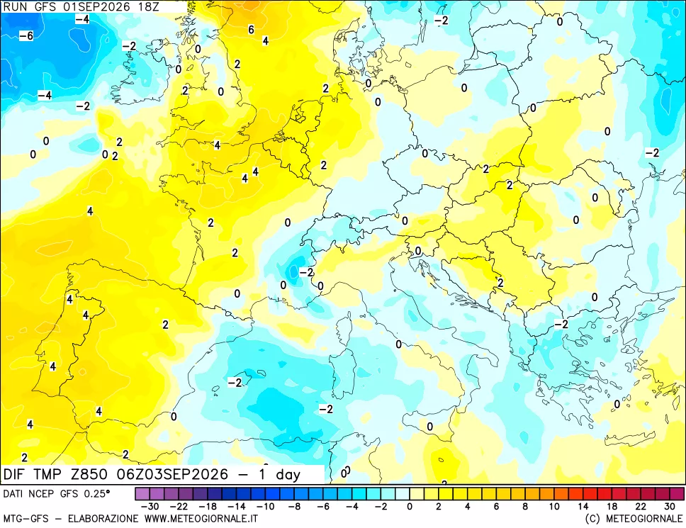 mappa 850 hPA Dif. Temp -24 ore