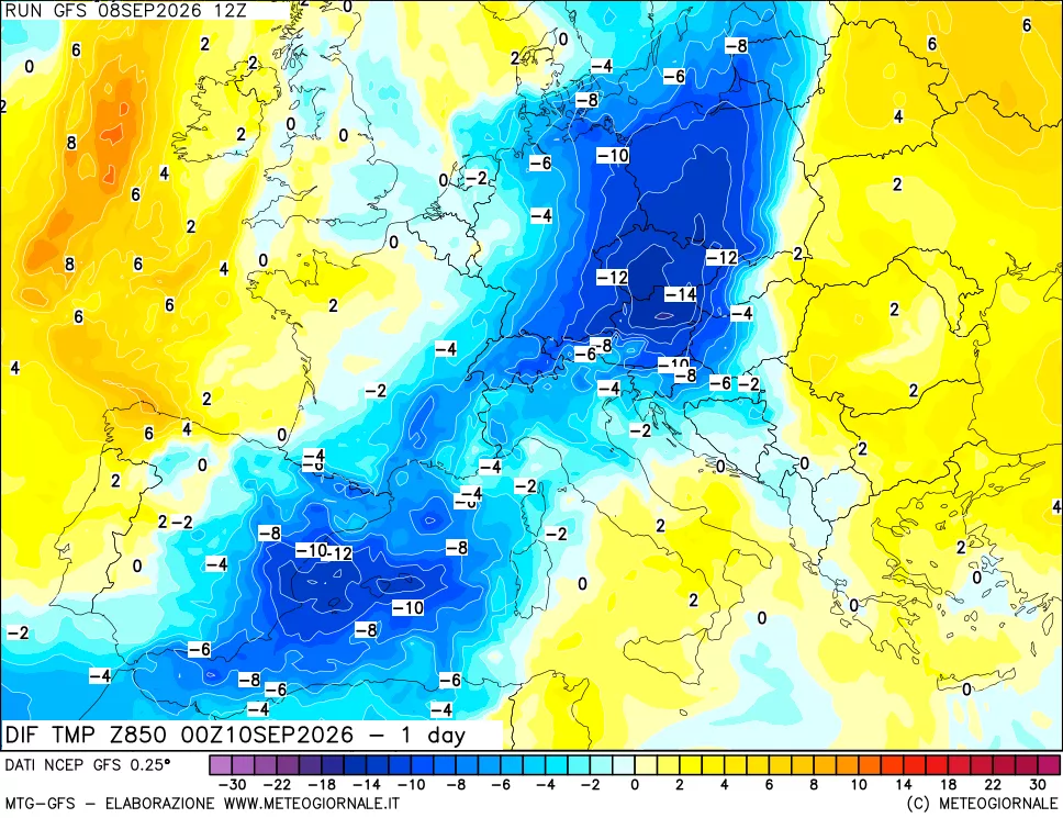 mappa Dif. Temp a 850 hPa Valid - 1 day
