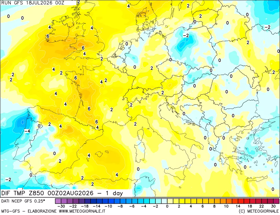 mappa Dif. Temp a 850 hPa Valid - 1 day