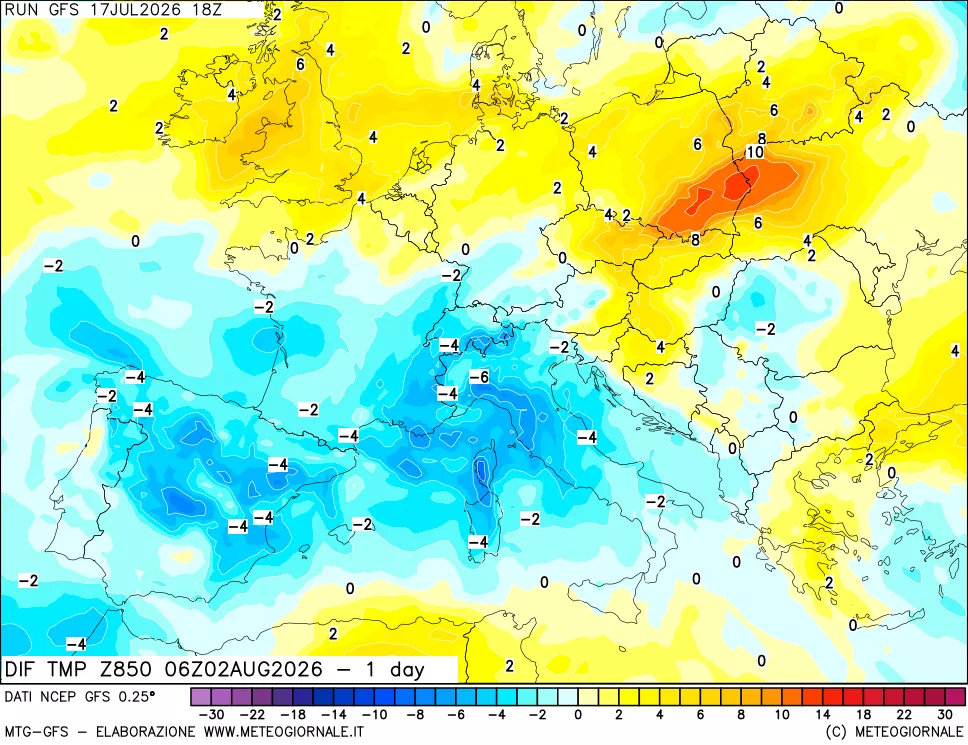 mappa 850 hPA Dif. Temp -24 ore