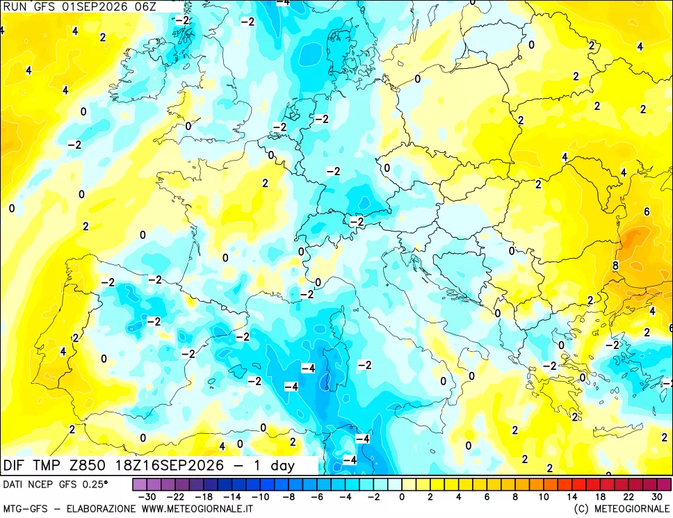 mappa 850 hPA Dif. Temp -24 ore