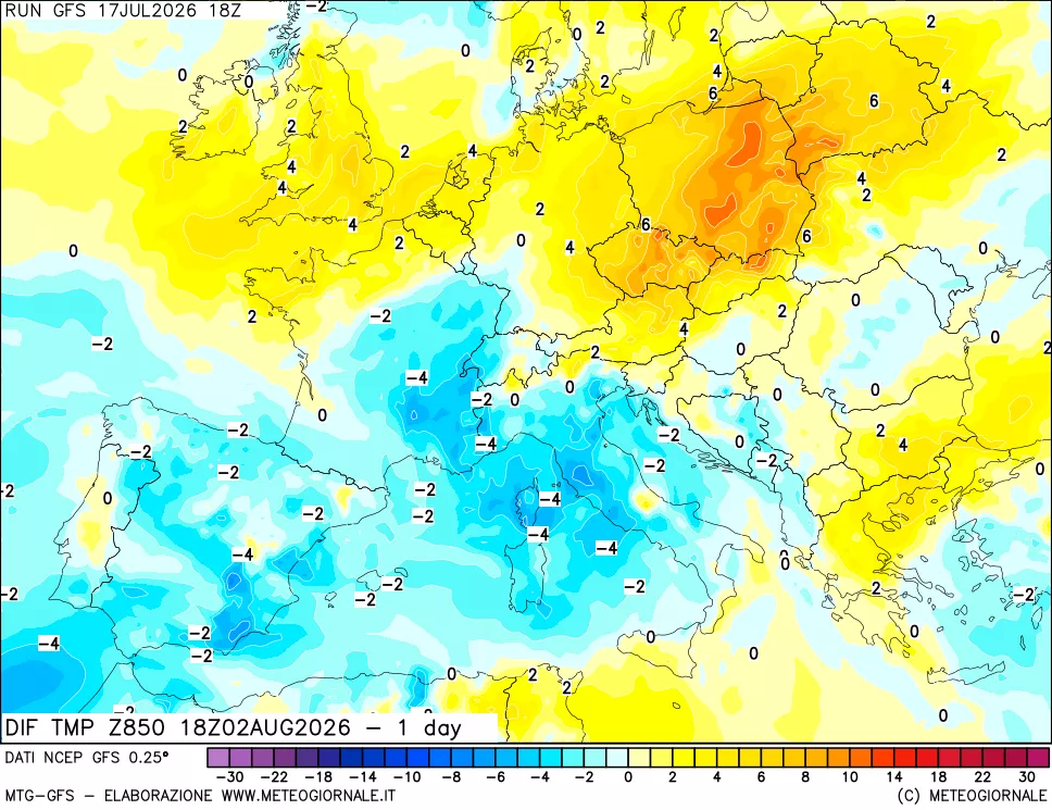 mappa 850 hPA Dif. Temp -24 ore