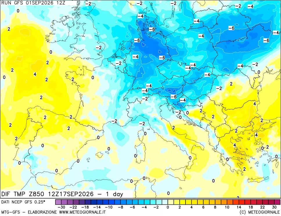 mappa Dif. Temp a 850 hPa Valid - 1 day