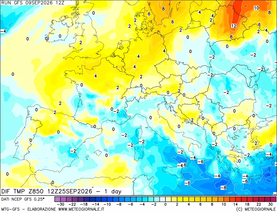 mappa Dif. Temp a 850 hPa Valid - 1 day
