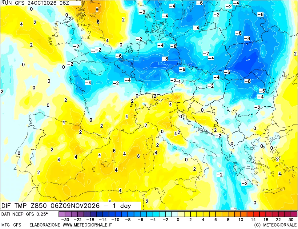 mappa 850 hPA Dif. Temp -24 ore