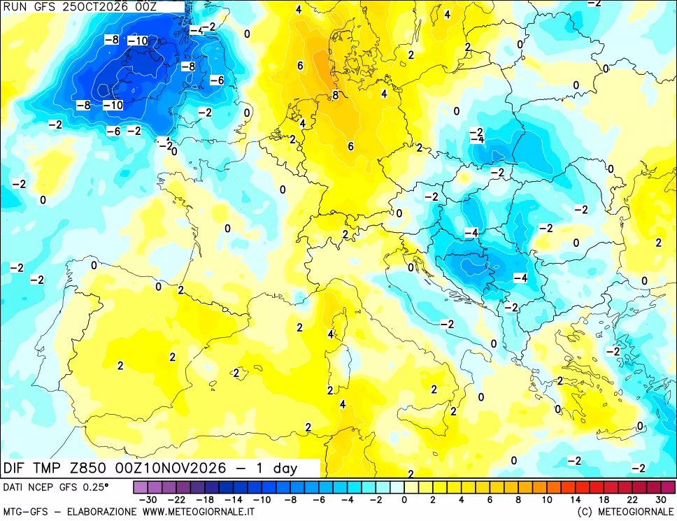mappa Dif. Temp a 850 hPa Valid - 1 day