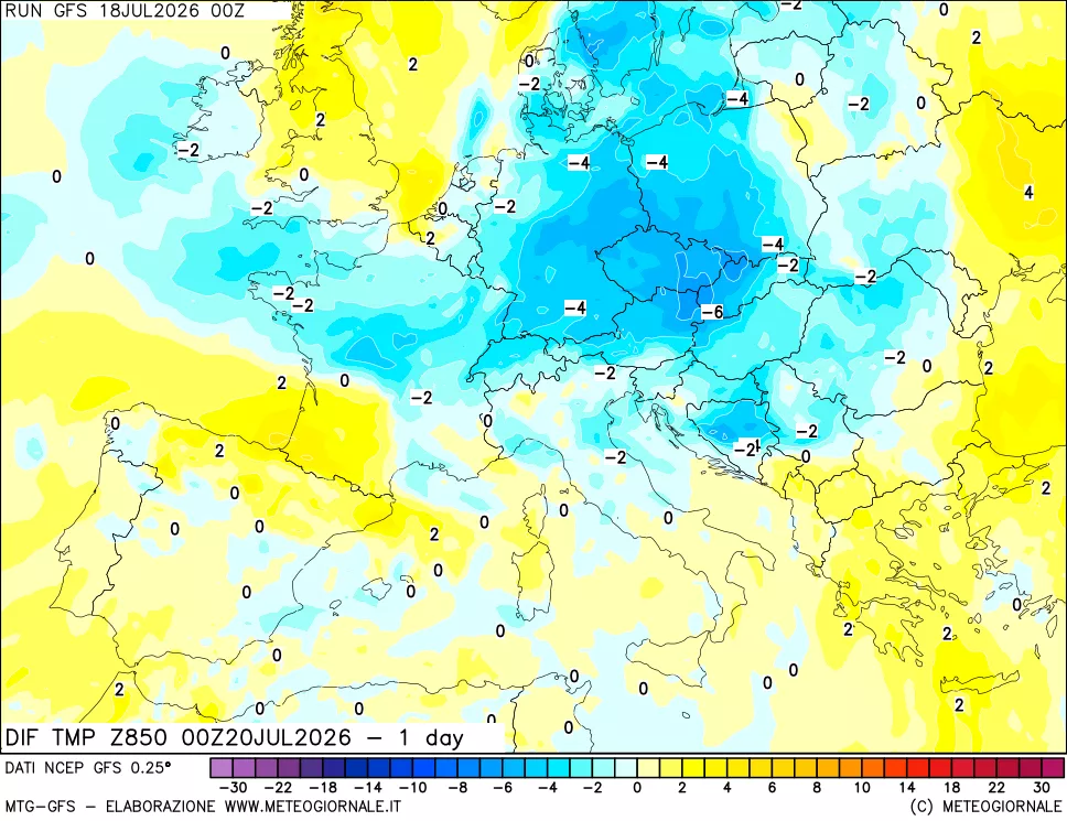 mappa Dif. Temp a 850 hPa Valid - 1 day