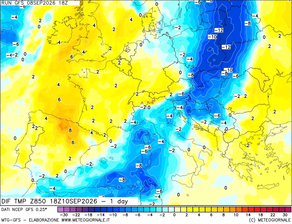 mappa 850 hPA Dif. Temp -24 ore