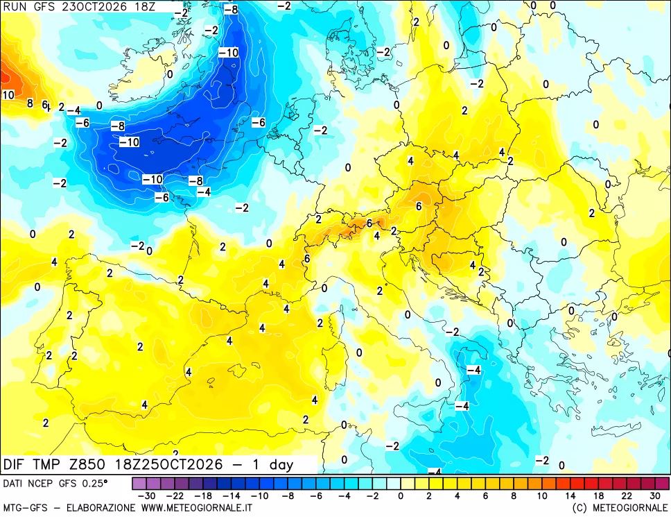 mappa Dif. Temp a 850 hPa Valid - 1 day