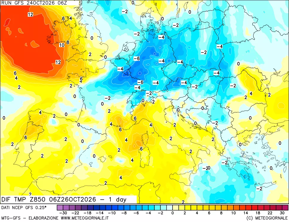 mappa 850 hPA Dif. Temp -24 ore