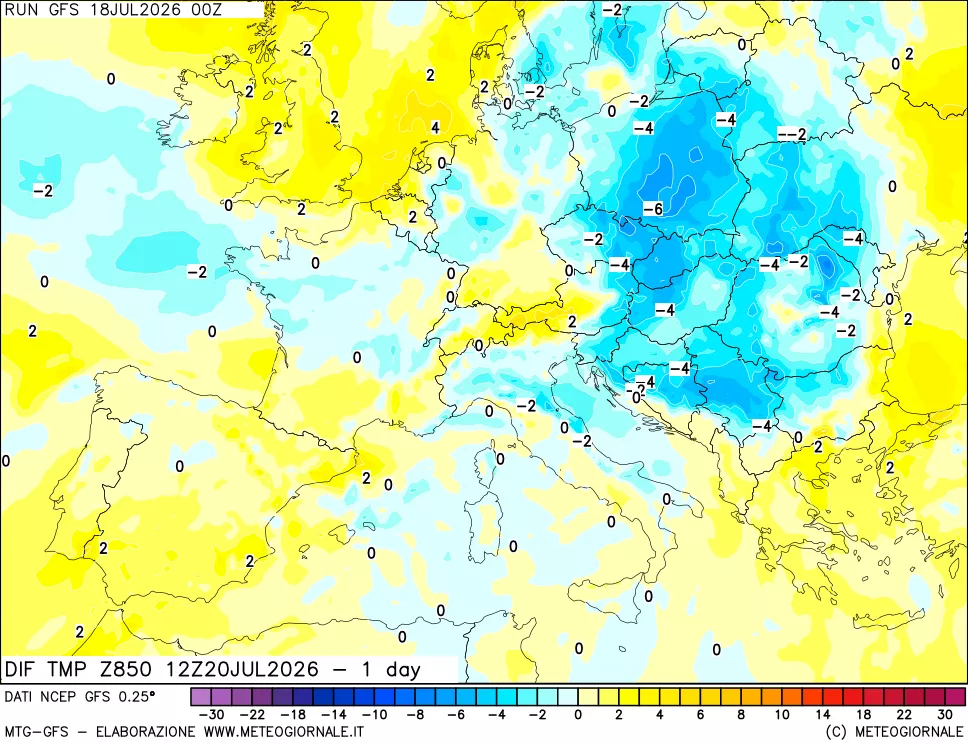 mappa Dif. Temp a 850 hPa Valid - 1 day
