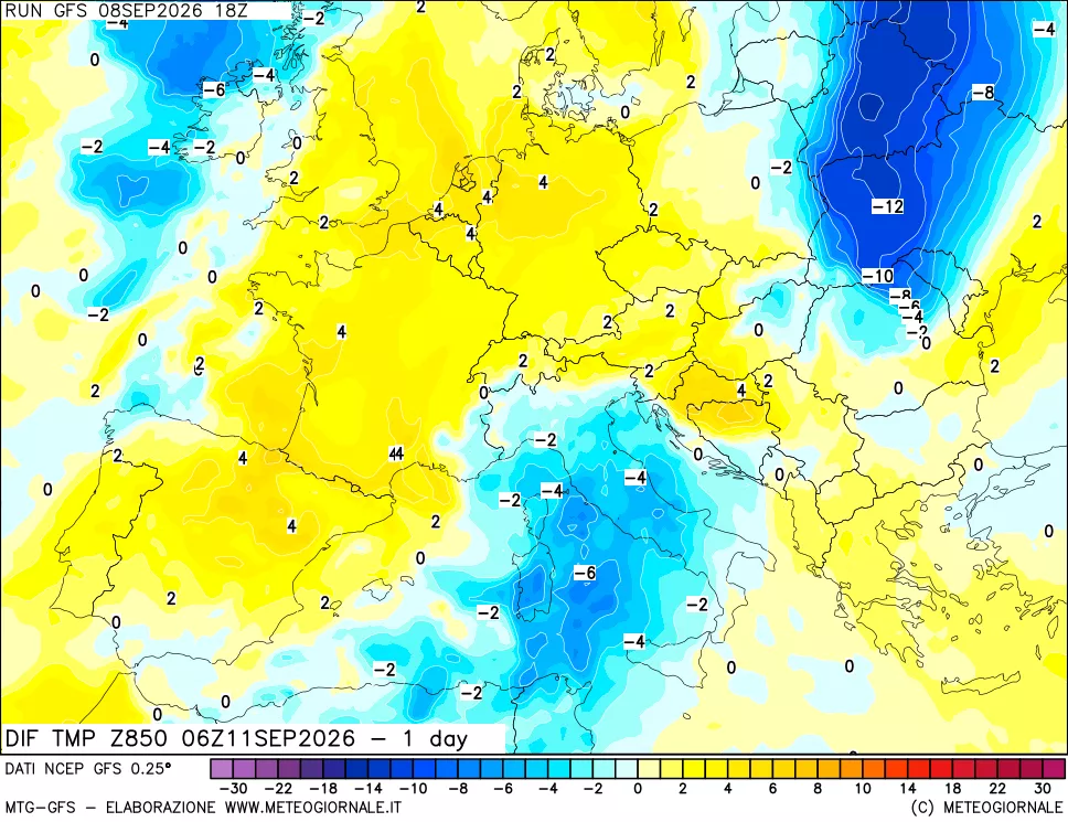 mappa 850 hPA Dif. Temp -24 ore