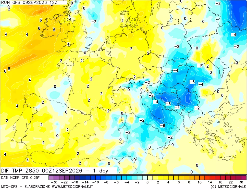 mappa Dif. Temp a 850 hPa Valid - 1 day