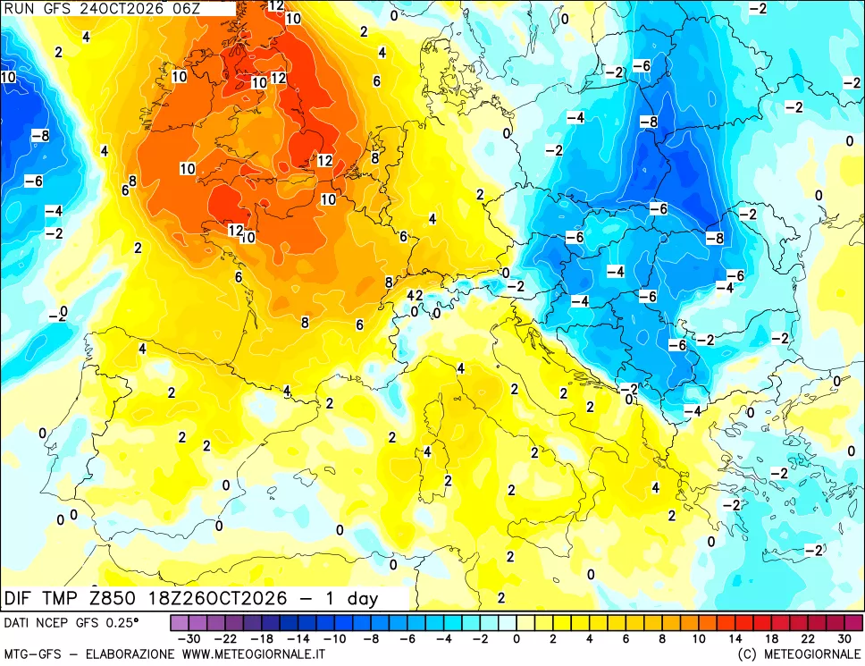 mappa 850 hPA Dif. Temp -24 ore
