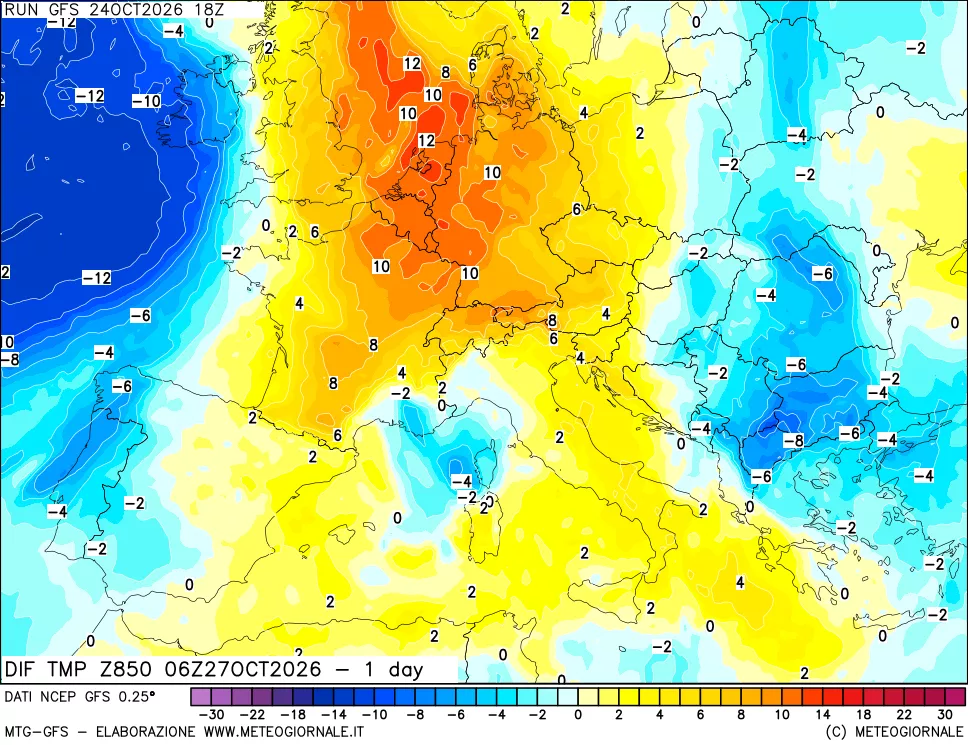 mappa Dif. Temp a 850 hPa Valid - 1 day