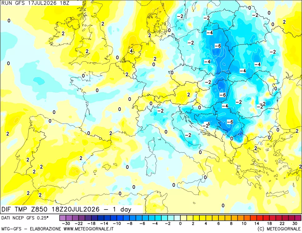 mappa Dif. Temp a 850 hPa Valid - 1 day