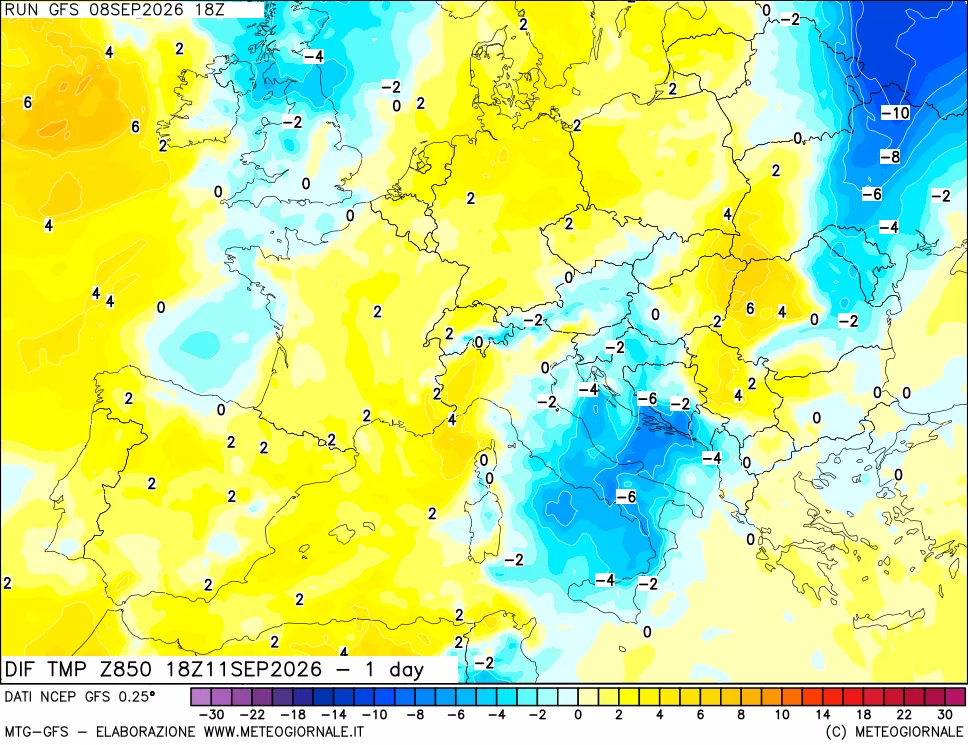 mappa 850 hPA Dif. Temp -24 ore