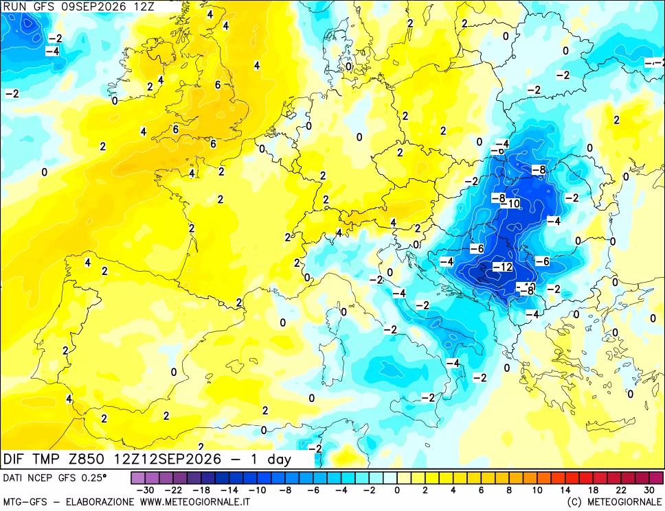 mappa Dif. Temp a 850 hPa Valid - 1 day
