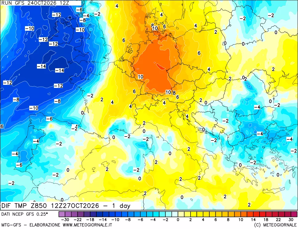 mappa 850 hPA Dif. Temp -24 ore