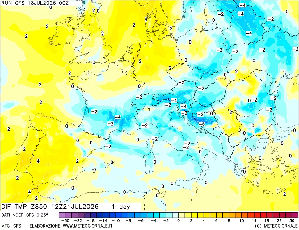 mappa Dif. Temp a 850 hPa Valid - 1 day