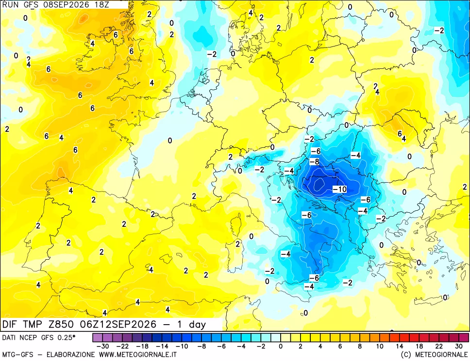 mappa 850 hPA Dif. Temp -24 ore