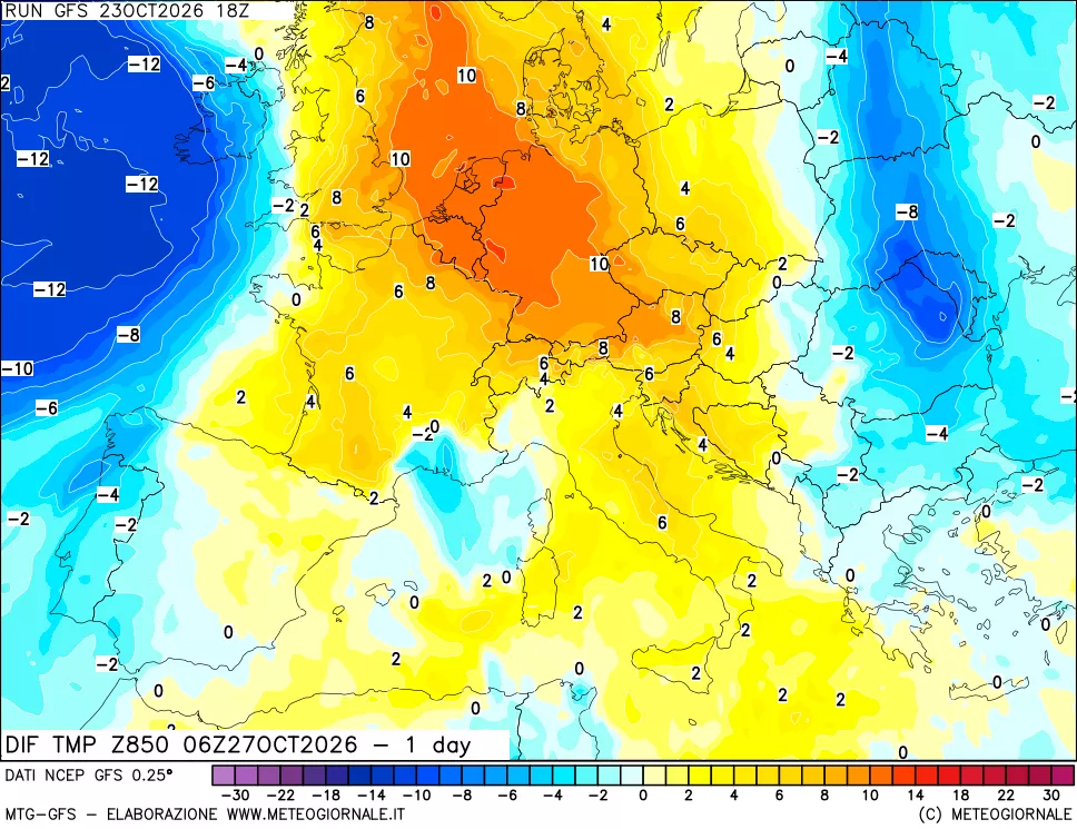 mappa Dif. Temp a 850 hPa Valid - 1 day