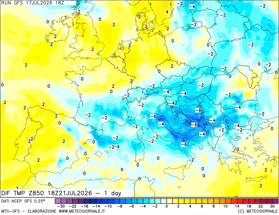 mappa Dif. Temp a 850 hPa Valid - 1 day