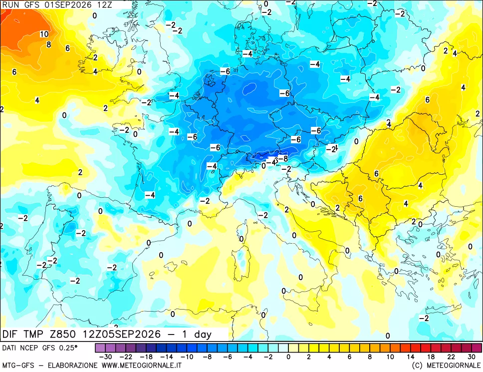 mappa 850 hPA Dif. Temp -24 ore