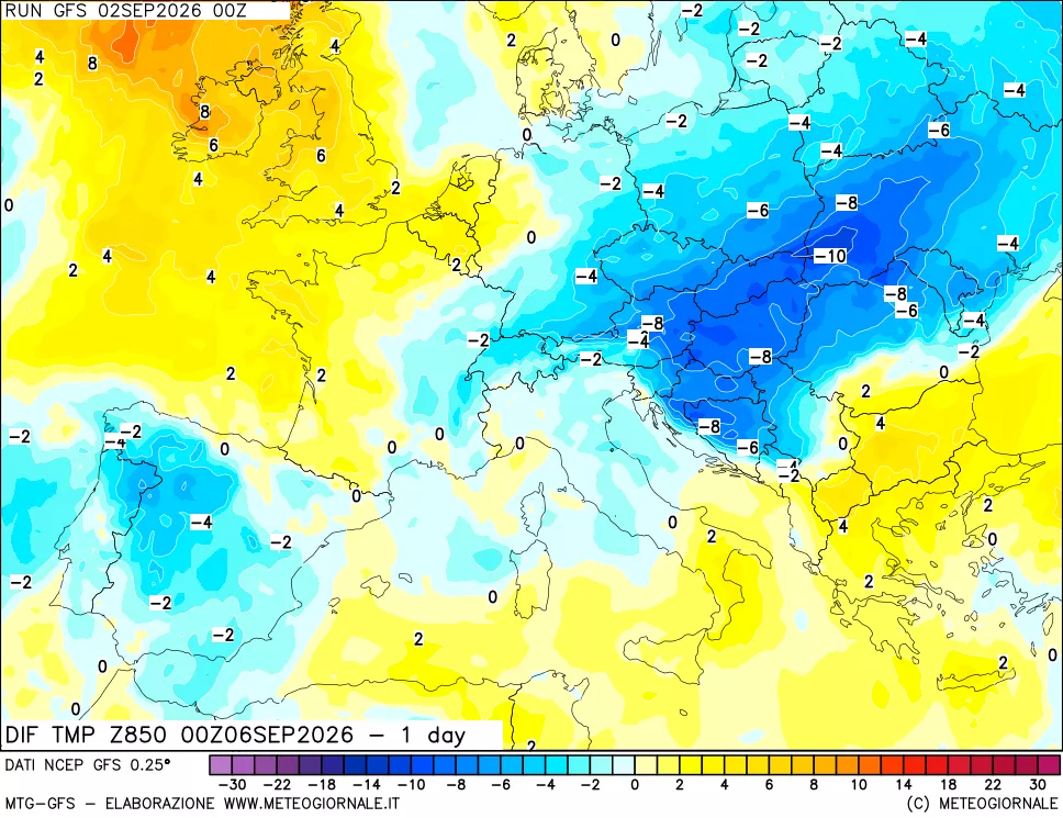 mappa Dif. Temp a 850 hPa Valid - 1 day
