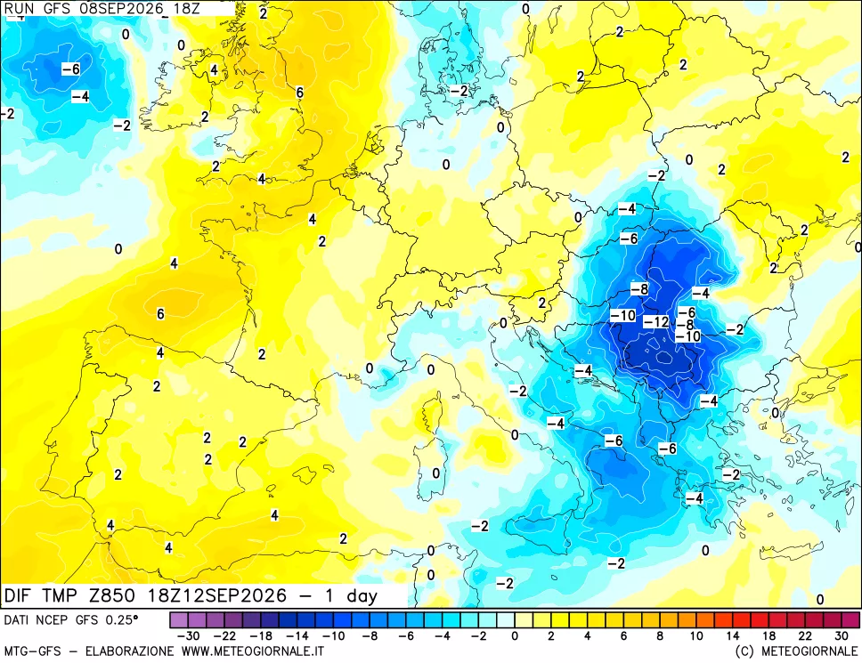 mappa 850 hPA Dif. Temp -24 ore