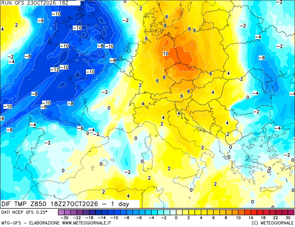 mappa Dif. Temp a 850 hPa Valid - 1 day