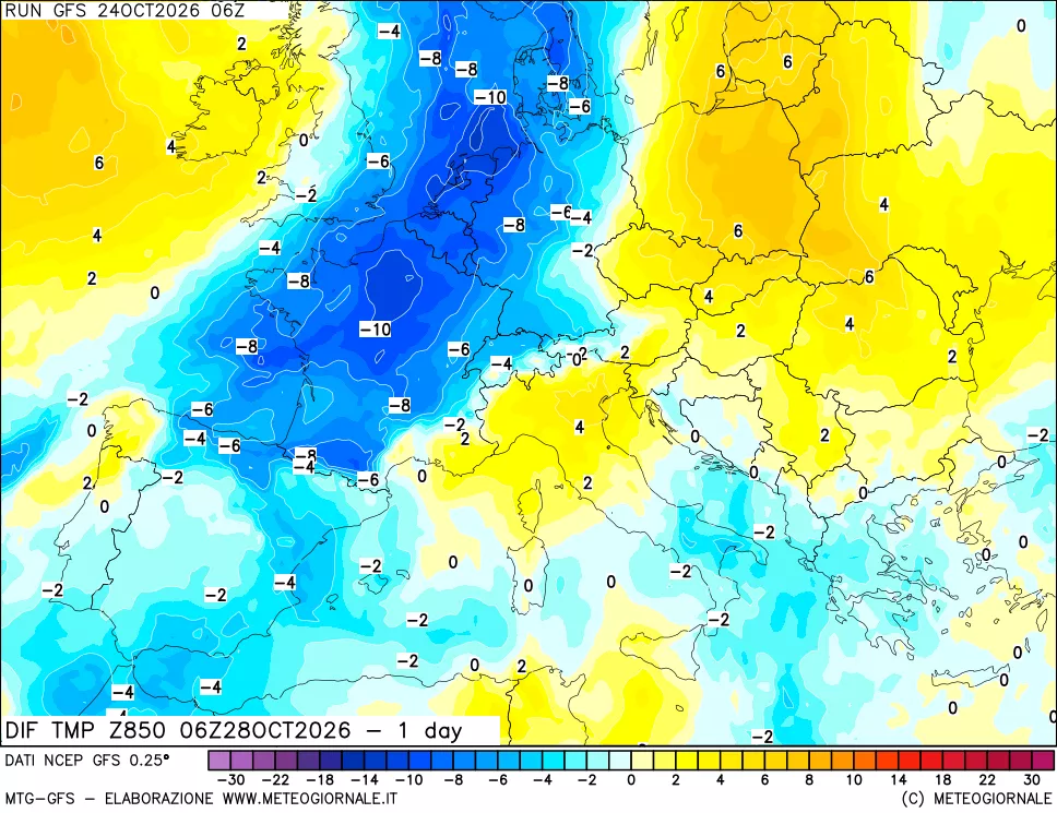 mappa 850 hPA Dif. Temp -24 ore