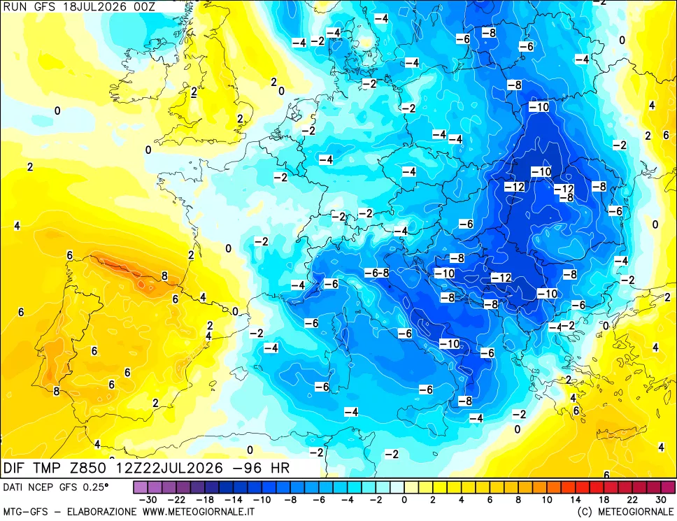 mappa Dif. Temp a 850 hPa Valid - Init