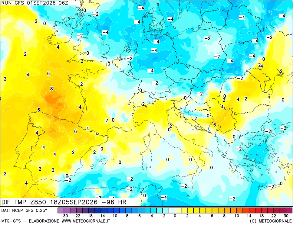 mappa Dif. Temp a 850 hPa Valid - Init