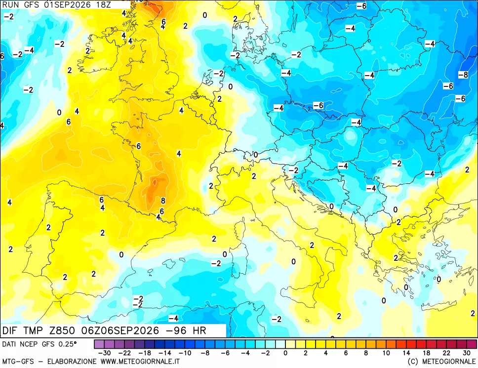 mappa Dif. Temp a 850 hPa Valid - Init