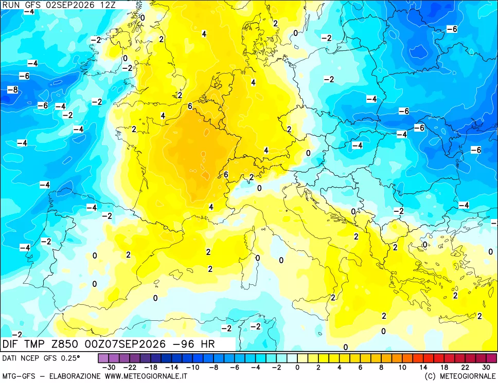 mappa Dif. Temp a 850 hPa Valid - Init