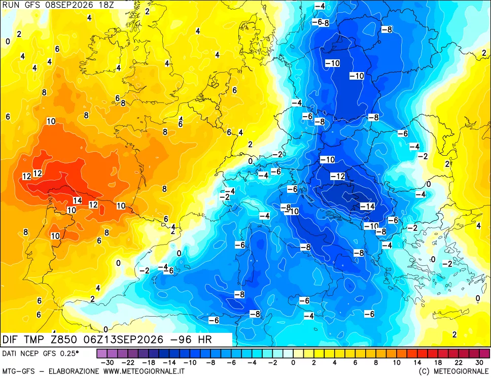 mappa Dif. Temp a 850 hPa Valid - Init