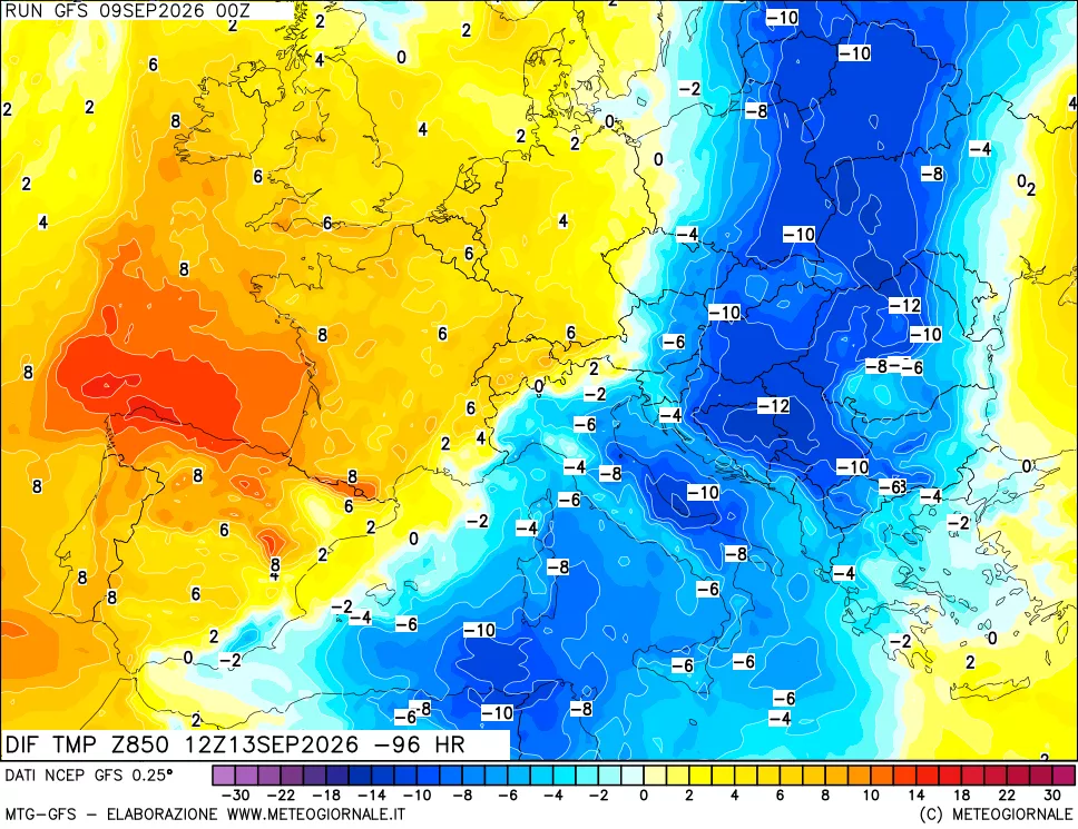 mappa Dif. Temp a 850 hPa Valid - Init