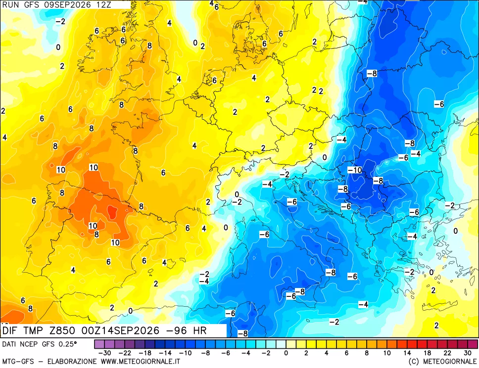 mappa Dif. Temp a 850 hPa Valid - Init