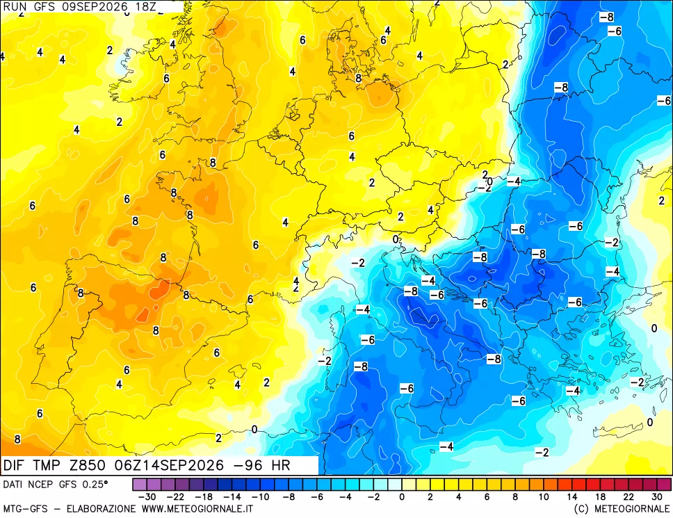 mappa Dif. Temp a 850 hPa Valid - Init