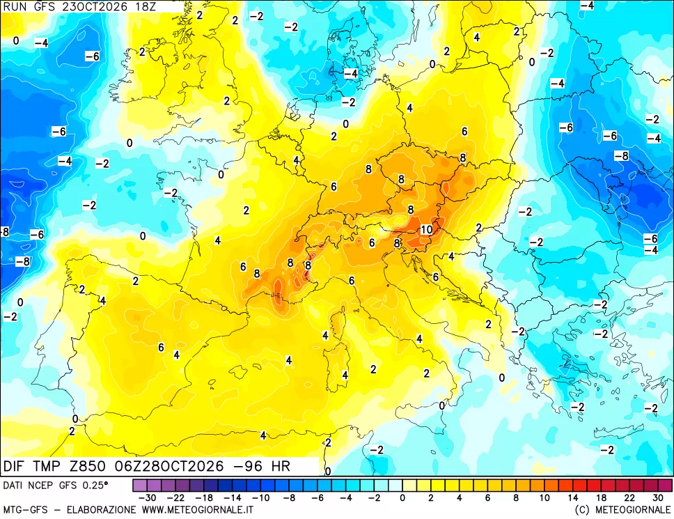 mappa Dif. Temp a 850 hPa Valid - Init