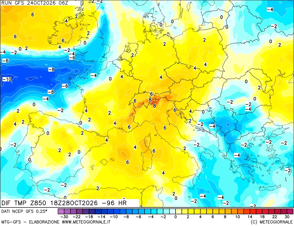 mappa Dif. Temp a 850 hPa Valid - Init