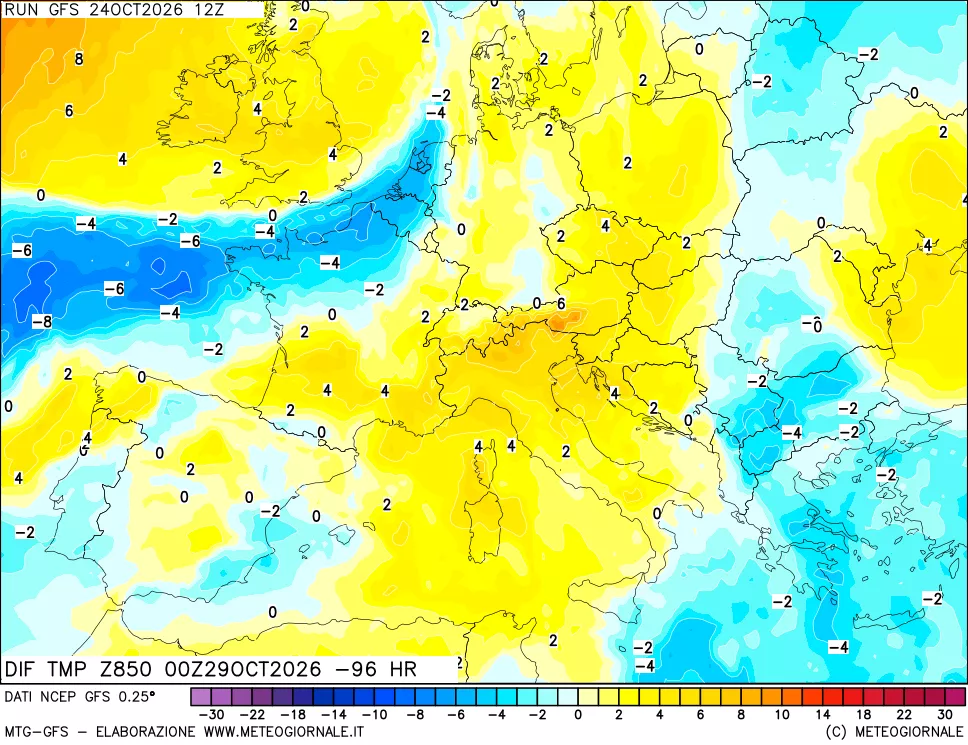 mappa Dif. Temp a 850 hPa Valid - Init