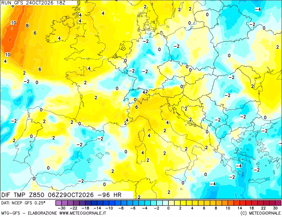 mappa Dif. Temp a 850 hPa Valid - Init