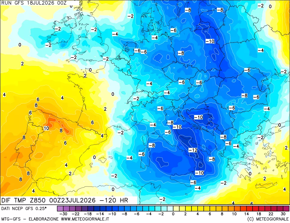 mappa Dif. Temp a 850 hPa Valid - Init