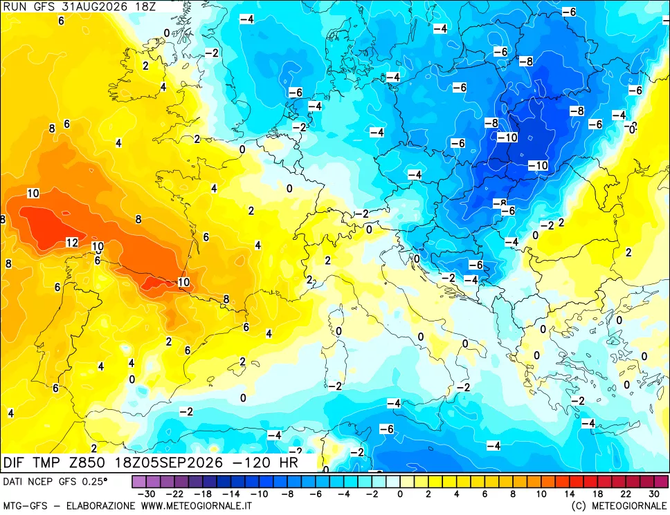 mappa Dif. Temp a 850 hPa Valid - Init