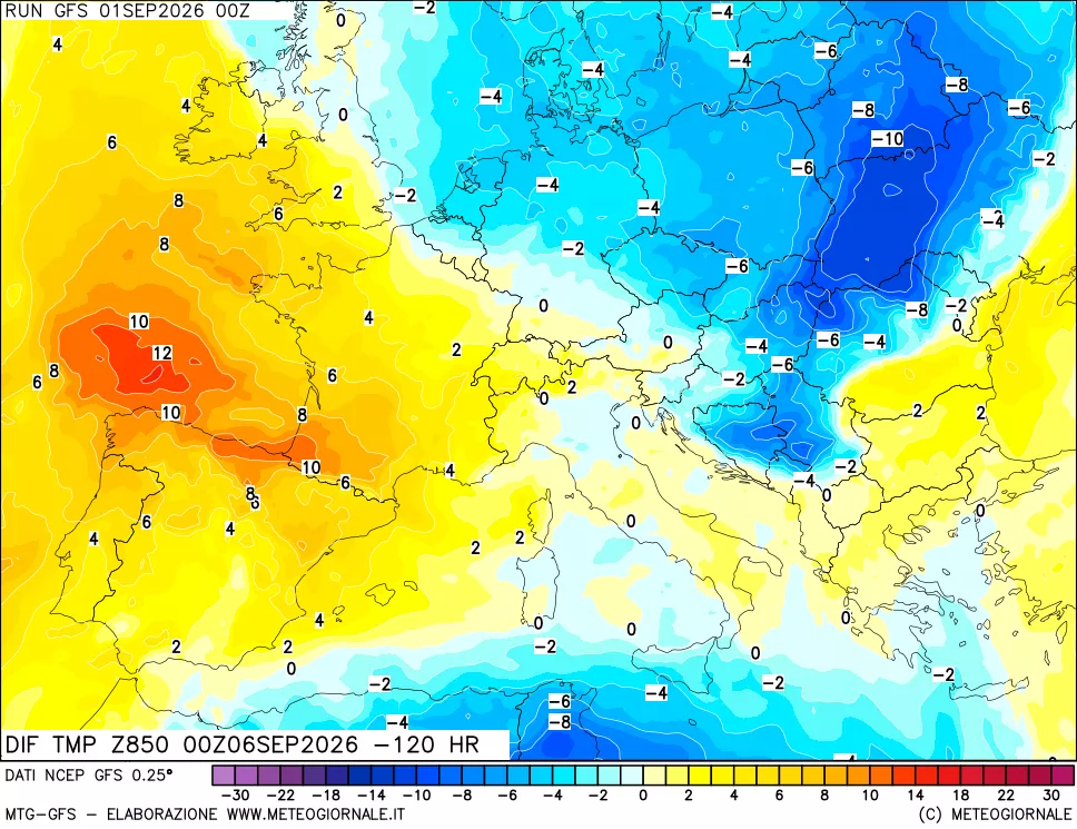mappa Dif. Temp a 850 hPa Valid - Init
